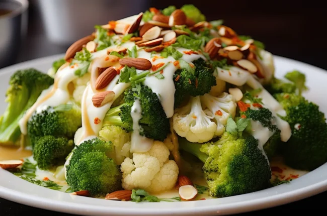 Brócoli y coliflor con salsa blanca y frutos secos